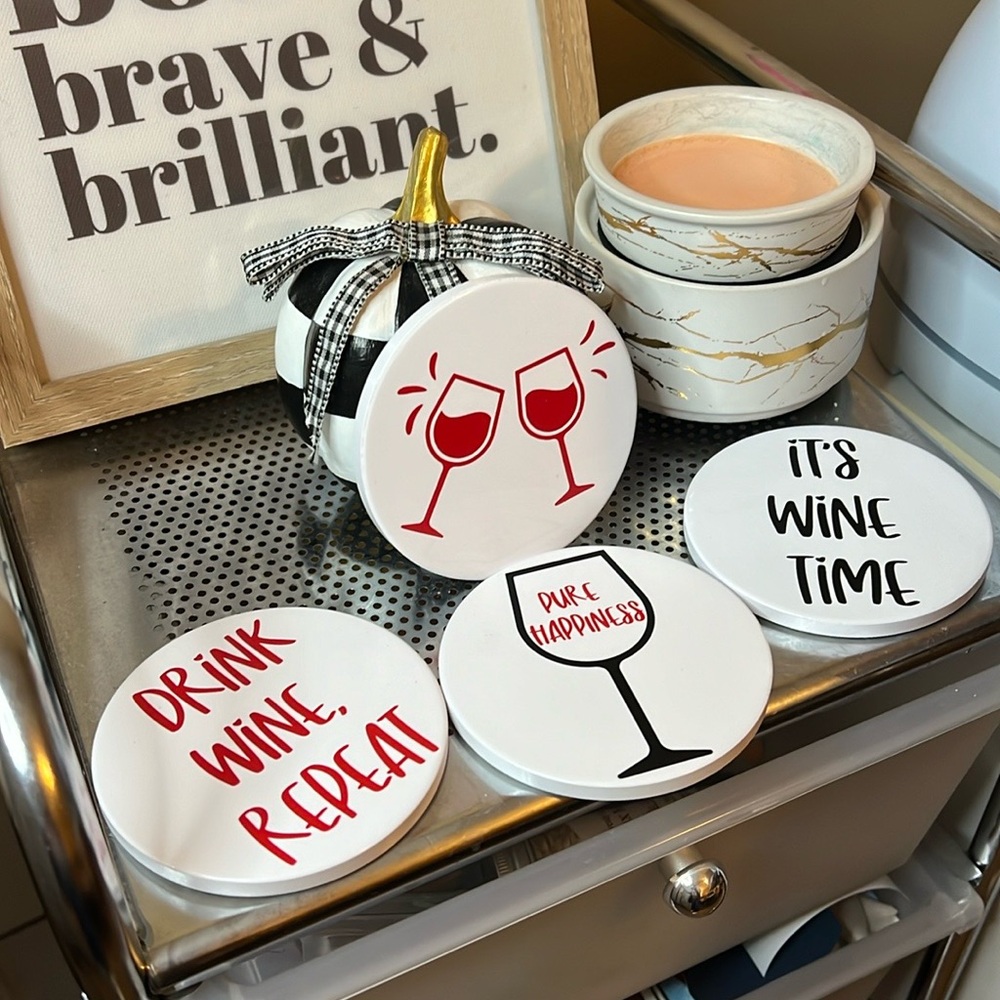 DolledUp Home- Wine Time Ceramic Coaster Set- 4 Ceramic coasters with Stand - Picture 3 of 4